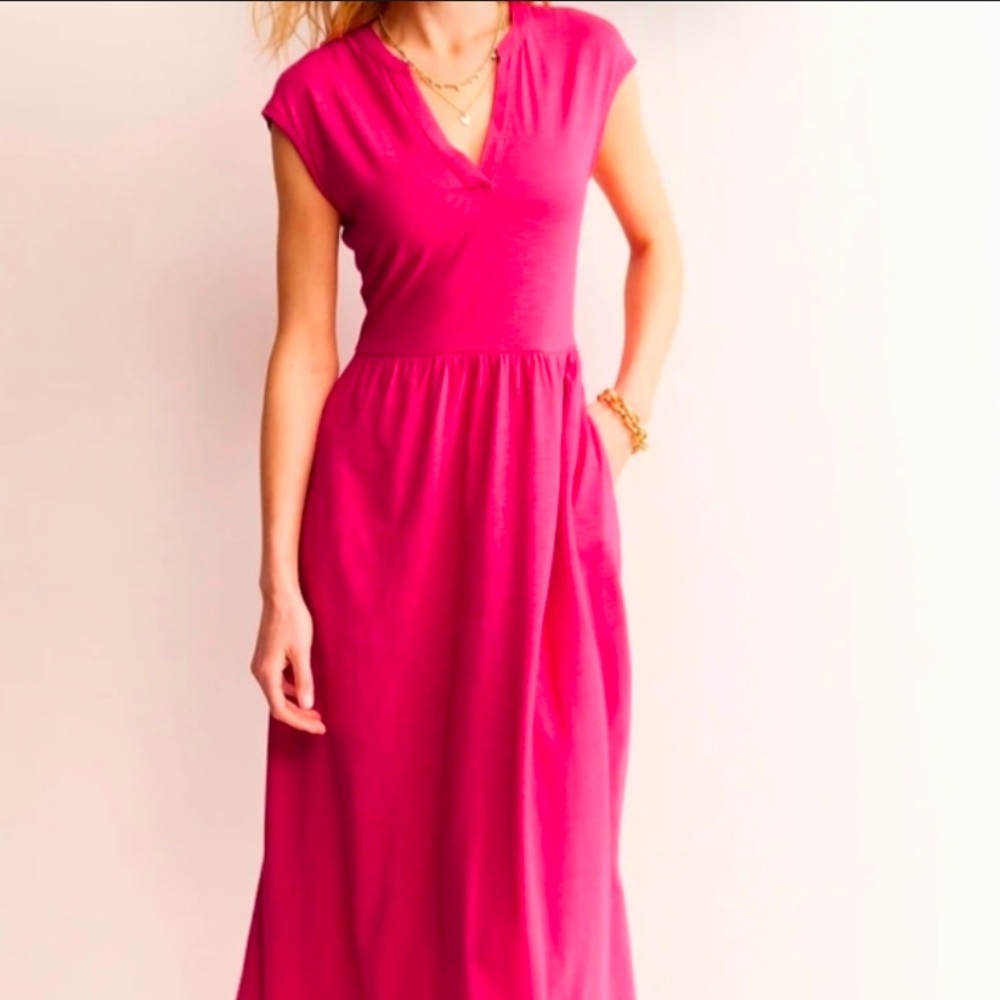 Boden Chloe Notch Midi Dress Size 12 Petite Cap Sleeve V-Neck Cotton Blend Pink